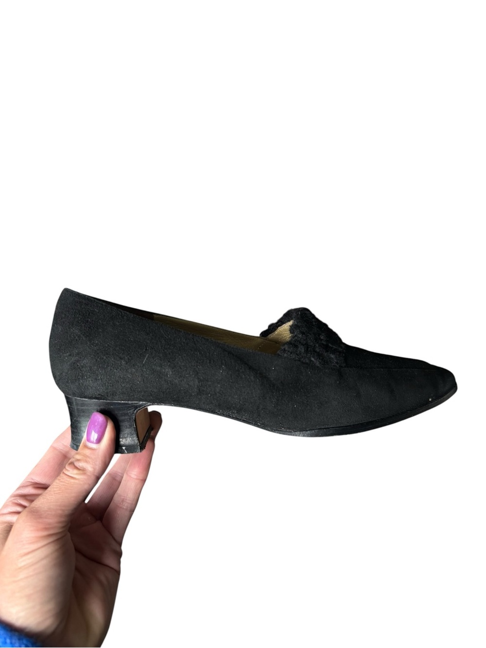 Martinez Valero Vintage Black Suede Curly Fur Loafers Heels Size 9 B